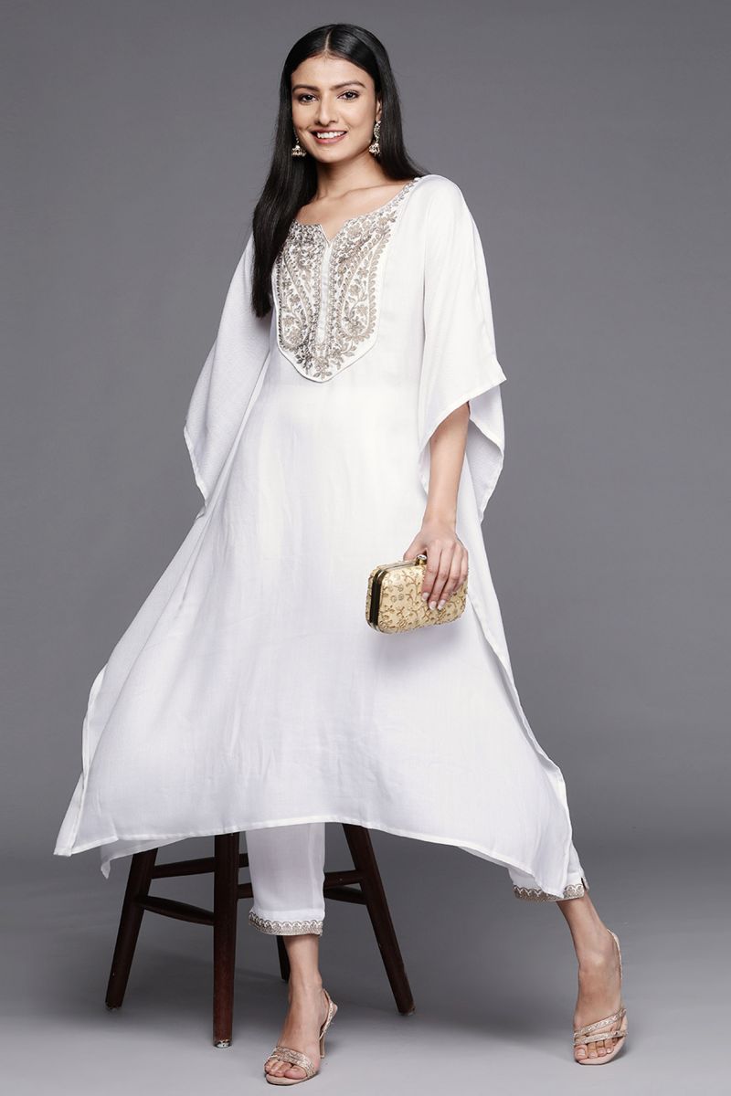 Casual Wear White Printed Pashmina Readymade Kurti With Bottom