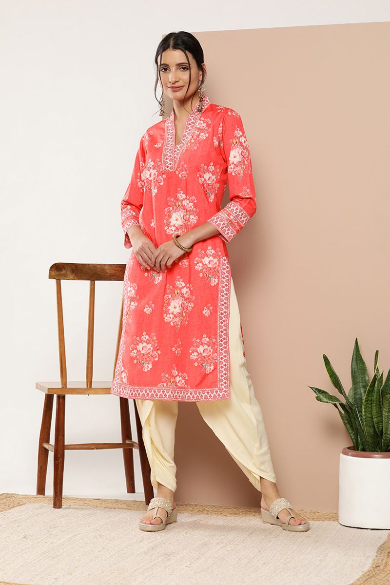 Red Printed Crepe Readymade Kurti Bottom Set