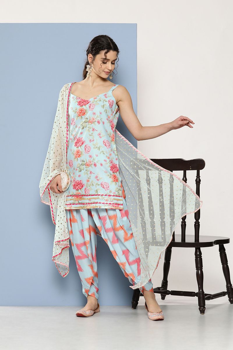 Crepe Readymade Kurti Bottom Set In Sky Blue 