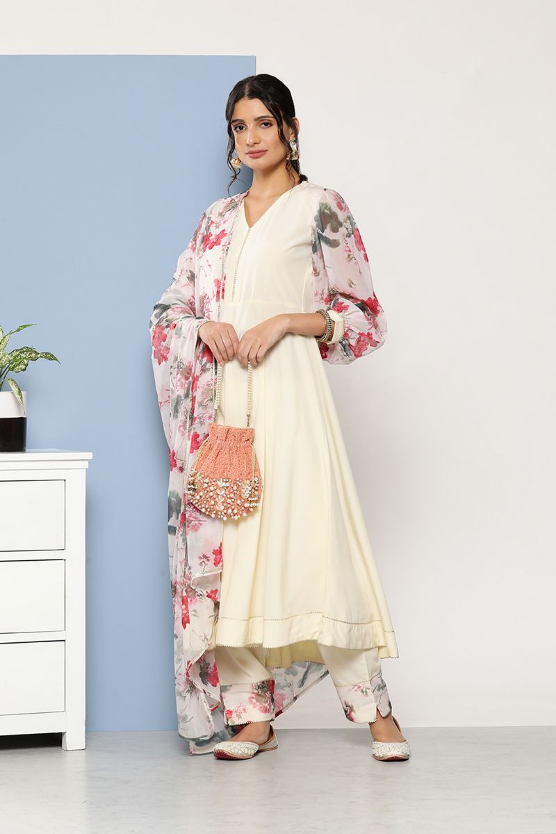 Cream Crepe Readymade Kurti Bottom Set