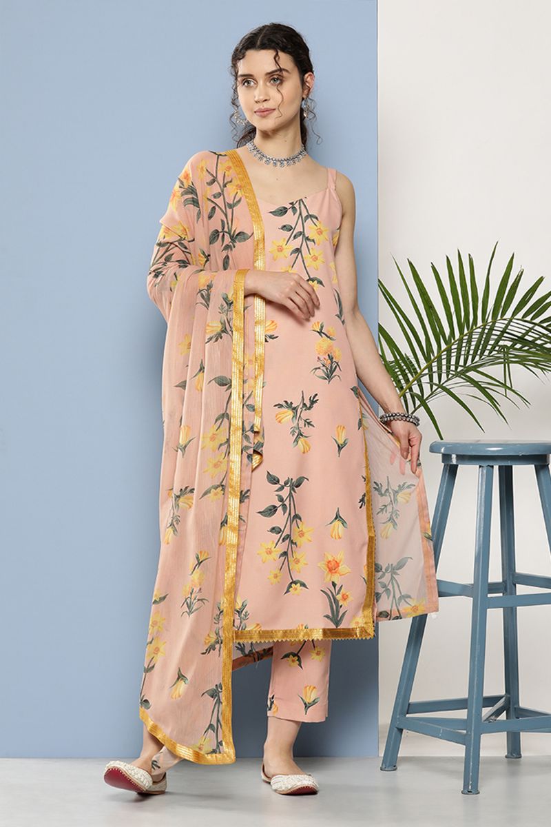 Peach Crepe Readymade Printed Kurti With Bottom