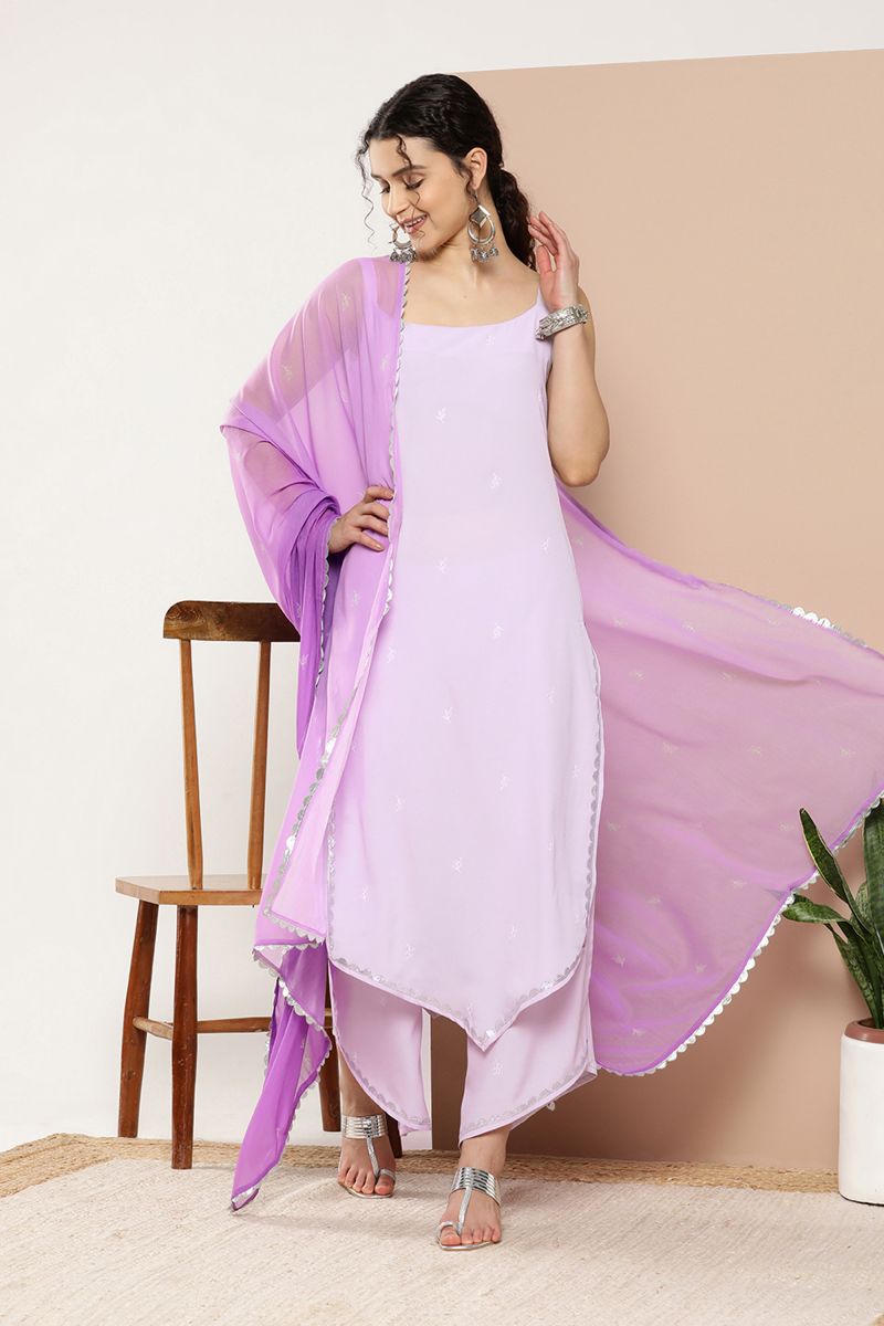 Lavender Readymade Kurti Bottom Set In Crepe Fabric