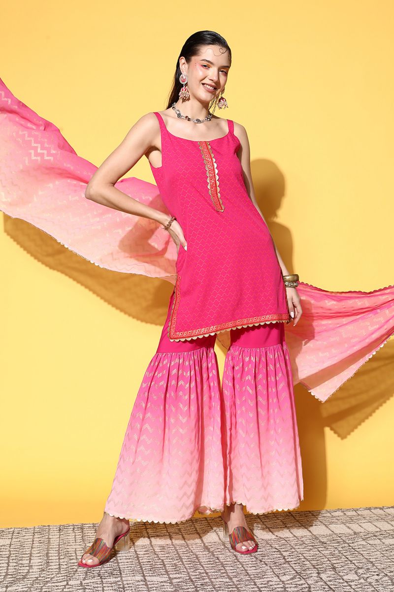 Pink Crepe Festive Wear Printed Top With Bottom Dupatta Set