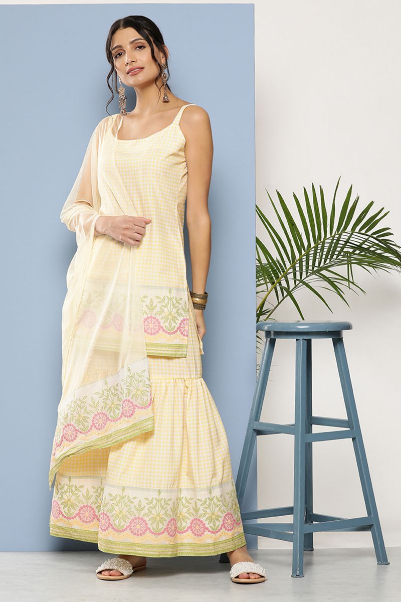 Yellow Crepe Function Printed Top With Bottom Dupatta Set