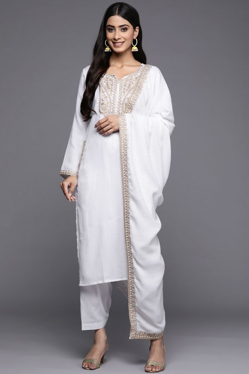 White Pashmina Festive Wear Embroidered Work Top With Bottom Set