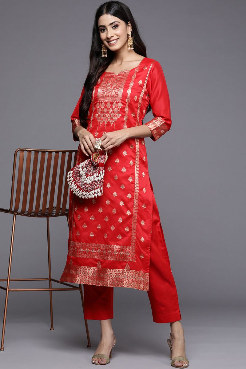 Red Jacquard Function Woven Work Top With Bottom Set