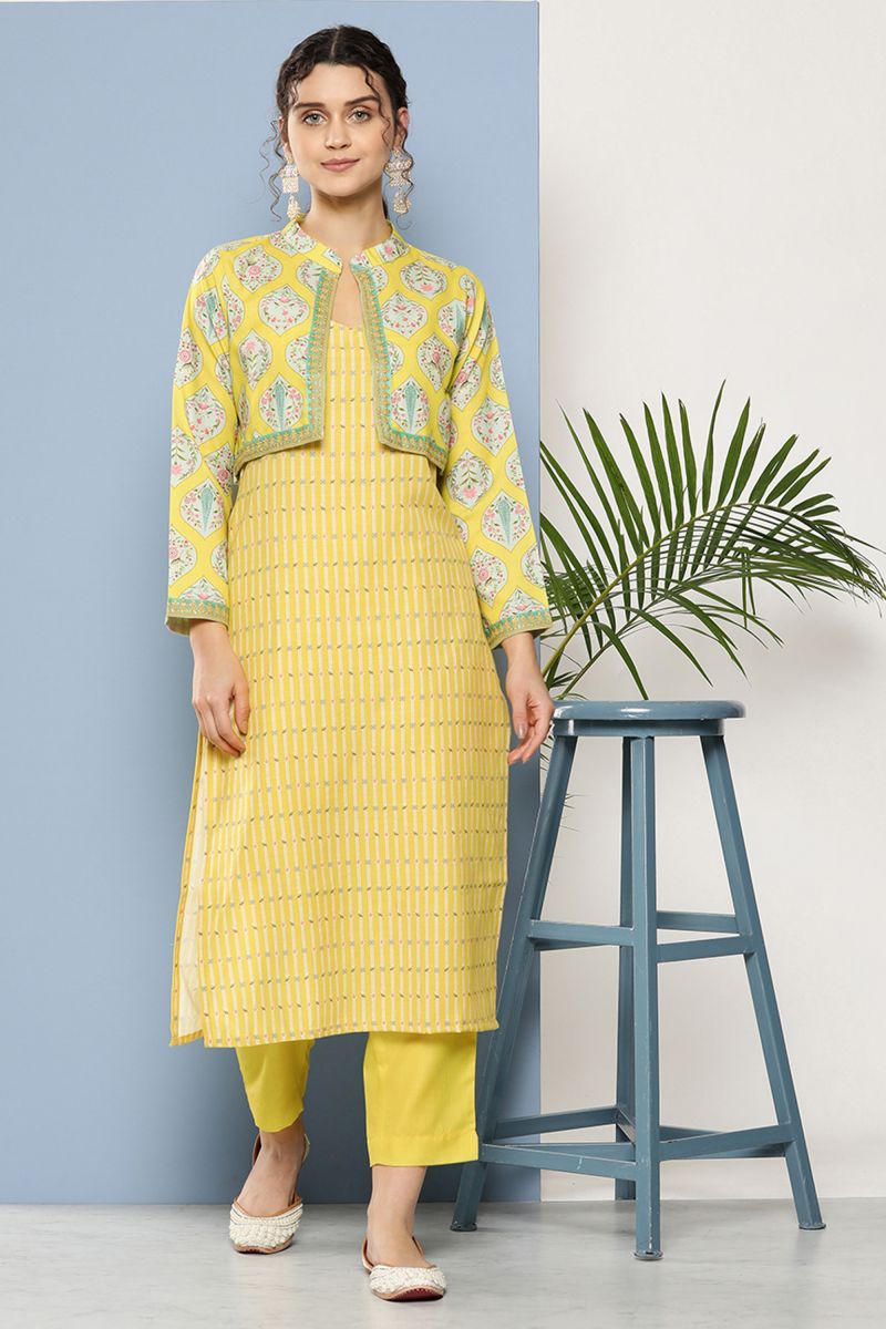 Yellow Cotton Function Printed Top With Bottom Jacket Set