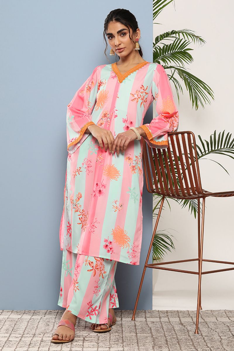 Pink Crepe Casual Wear Printed Readymade Top With Bottom Set