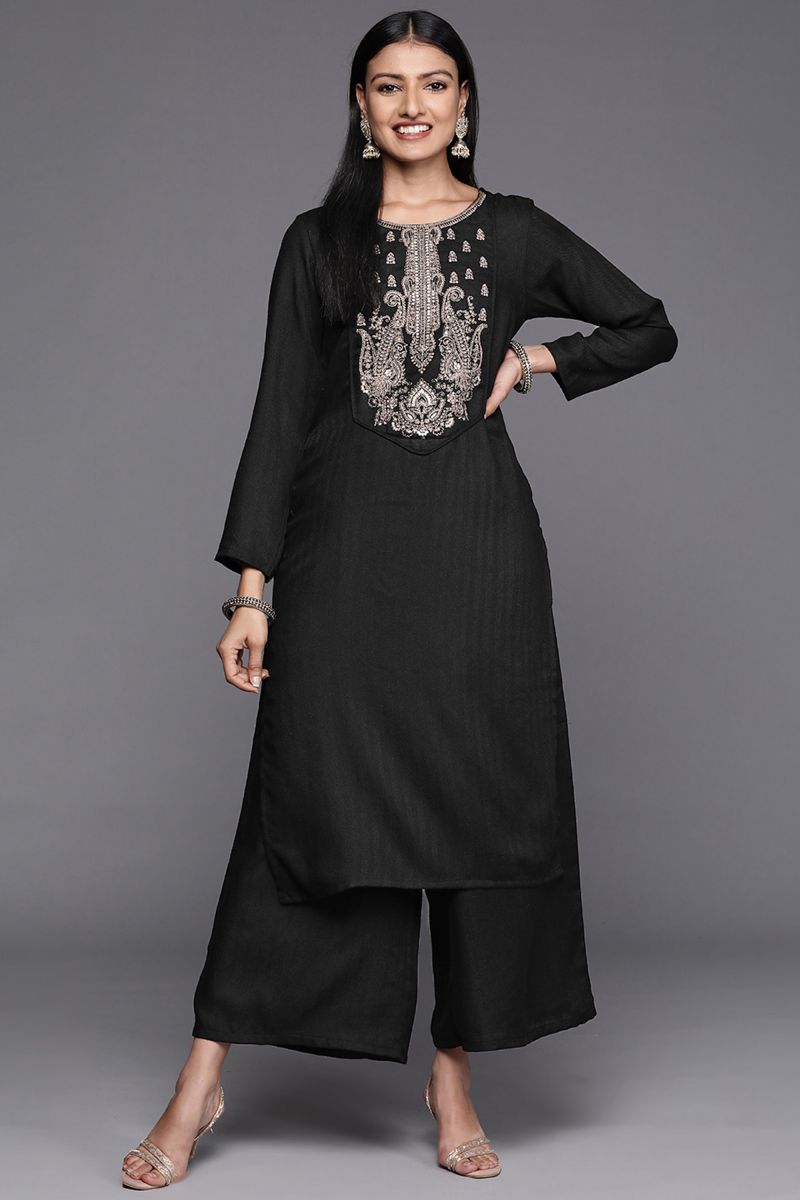 Black Pashmina Daily Wear Embroidered Work Readymade Top With Bottom Set