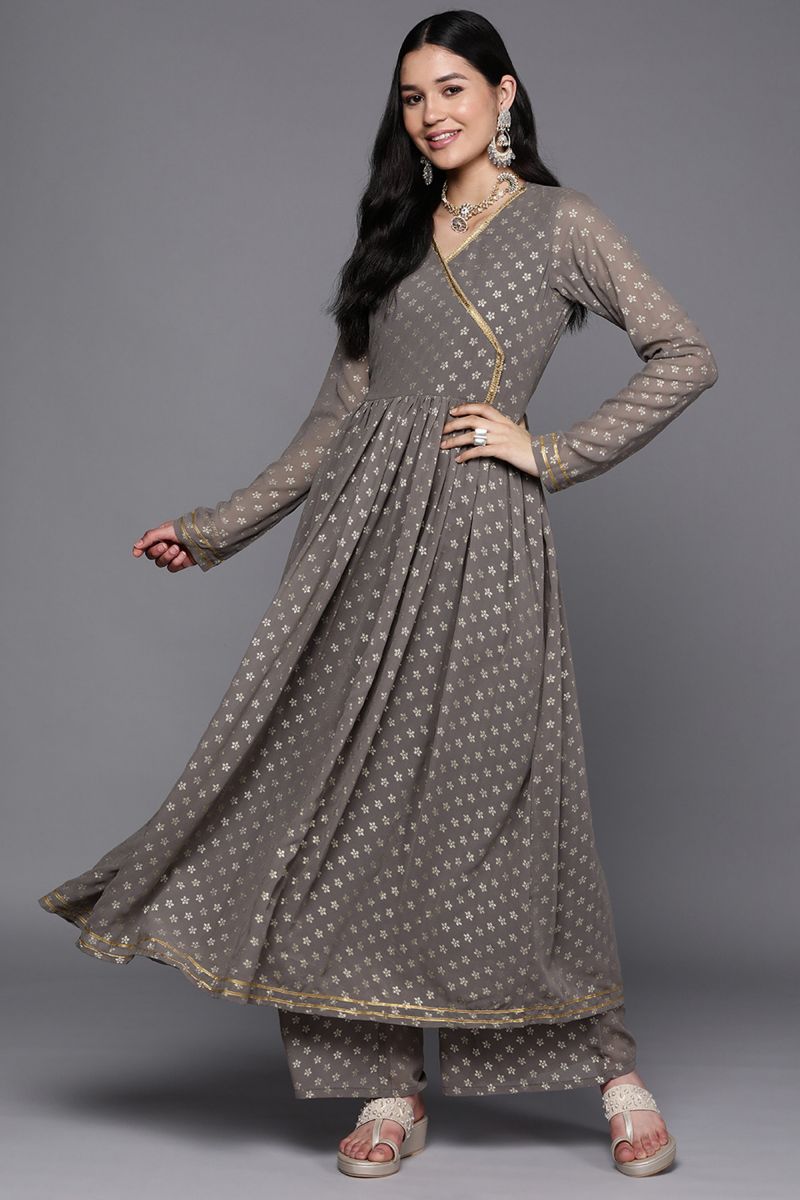 Grey Georgette Festive Wear Printed Readymade Top With Bottom Set