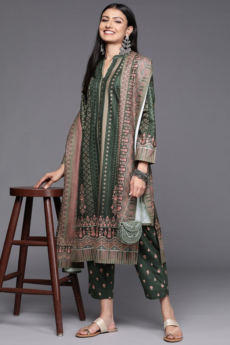 Green Velvet Casual Wear Printed Readymade Top With Bottom Dupatta Set