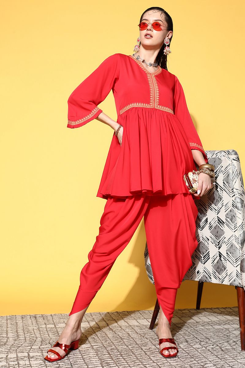 Red Crepe Daily Wear Fancy Readymade Top With Bottom Set