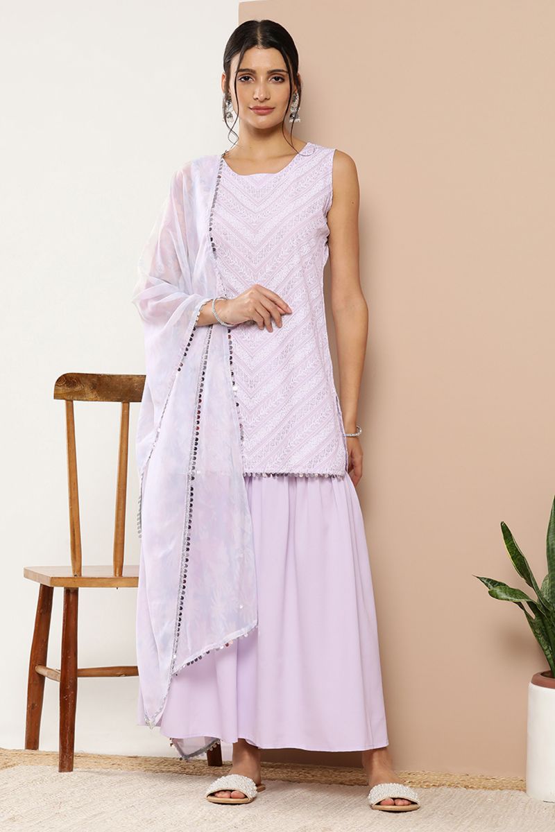 Lavender Crepe Function Wear Printed Readymade Top With Bottom Dupatta Set