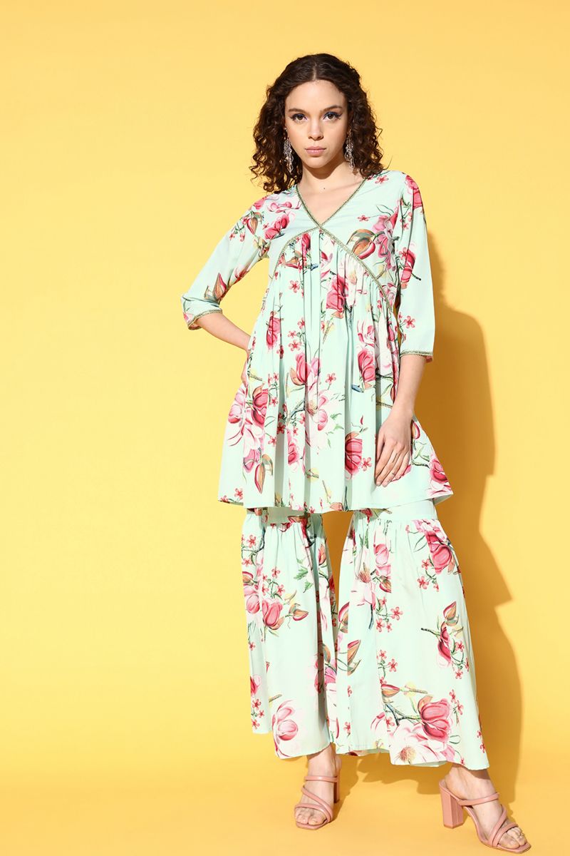 Sea Green Crepe Casual Wear Printed Readymade Top With Bottom Set