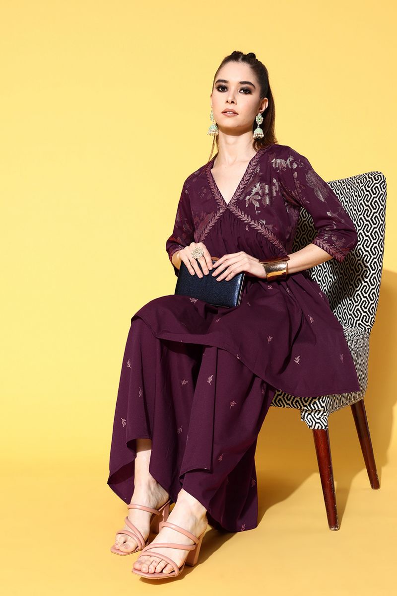 Burgundy Crepe Daily Wear Printed Readymade Top With Bottom Set