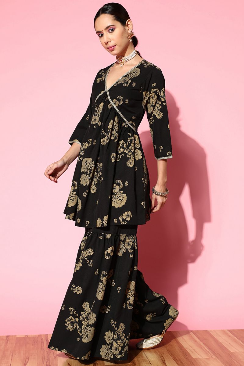 Black Crepe Festive Wear Printed Readymade Top With Bottom Set