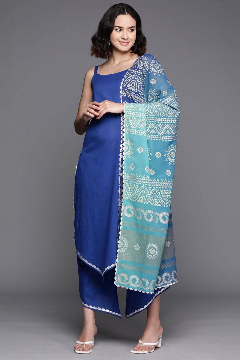 Blue Cotton Festive Wear Solid Readymade Top With Bottom Dupatta Set