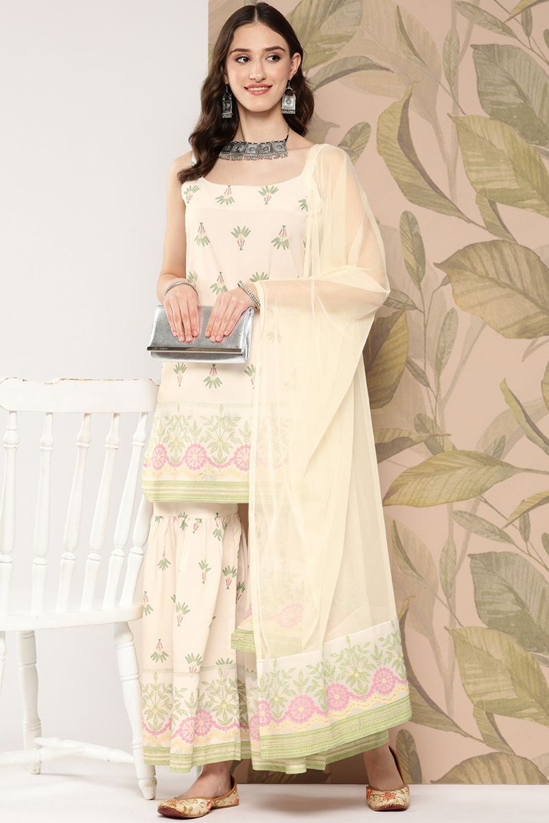 Off White Crepe Daily Wear Floral Printed Readymade Top With Bottom Dupatta Set