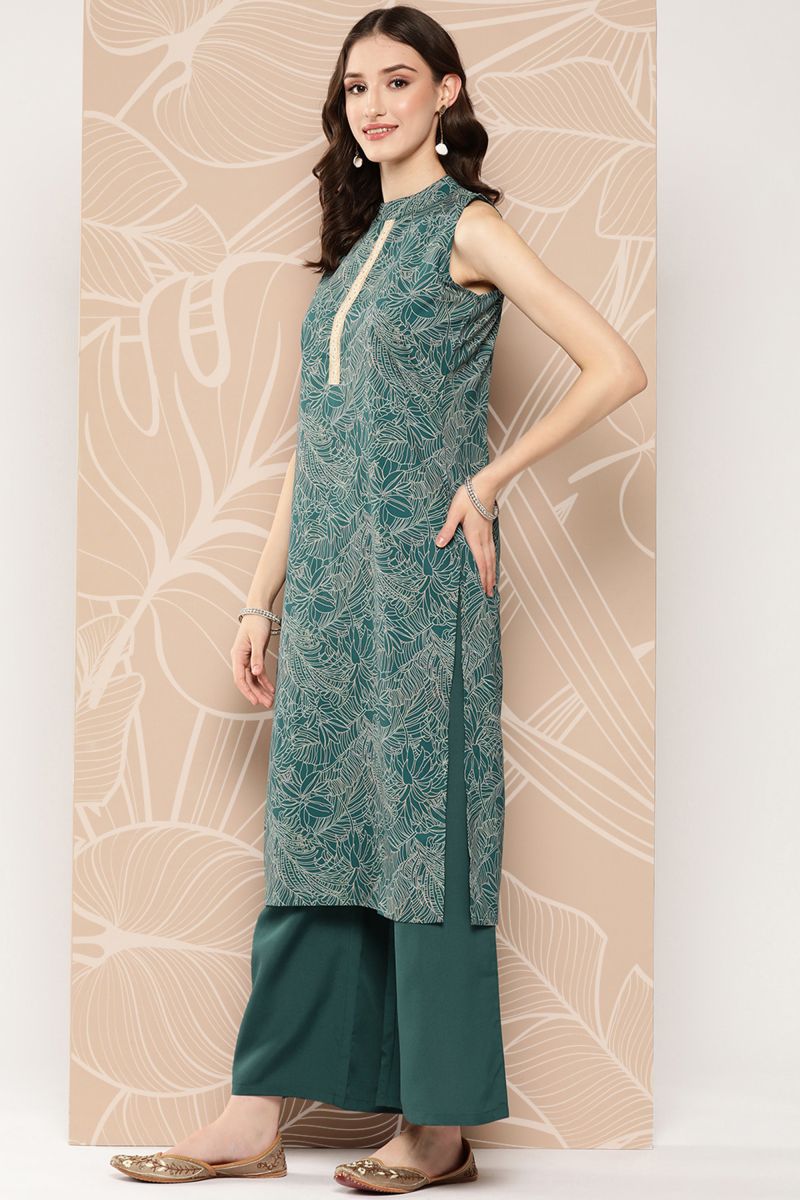 Dark Green Crepe Festive Wear Floral Printed Readymade Top With Bottom Set