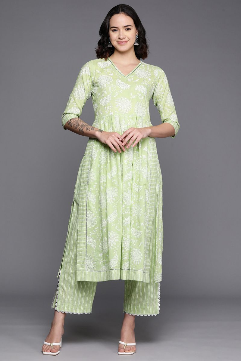 Green Cotton Festive Wear Floral Printed Readymade Top With Bottom Set