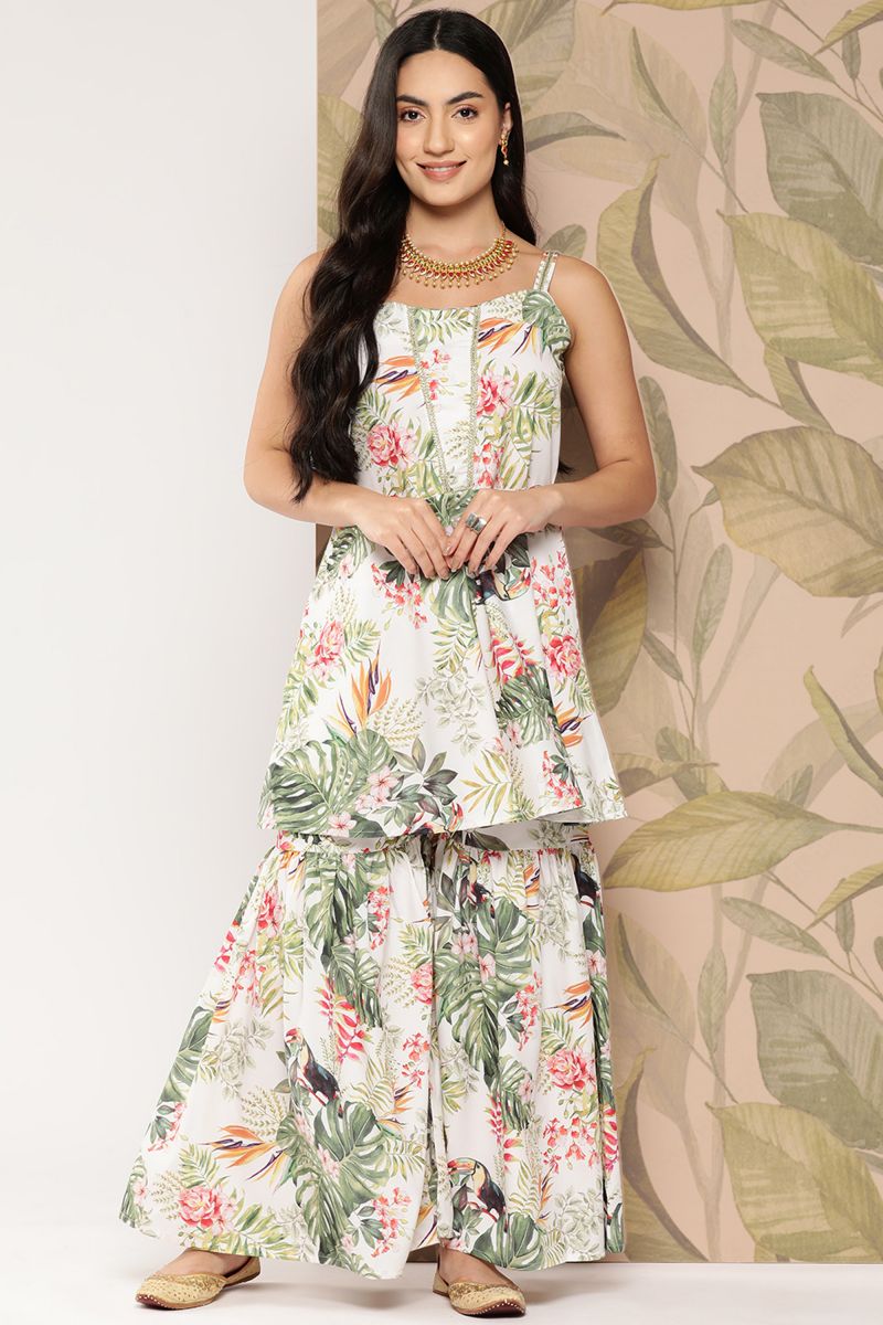 White Crepe Function Wear Floral Printed Readymade Top With Bottom Set