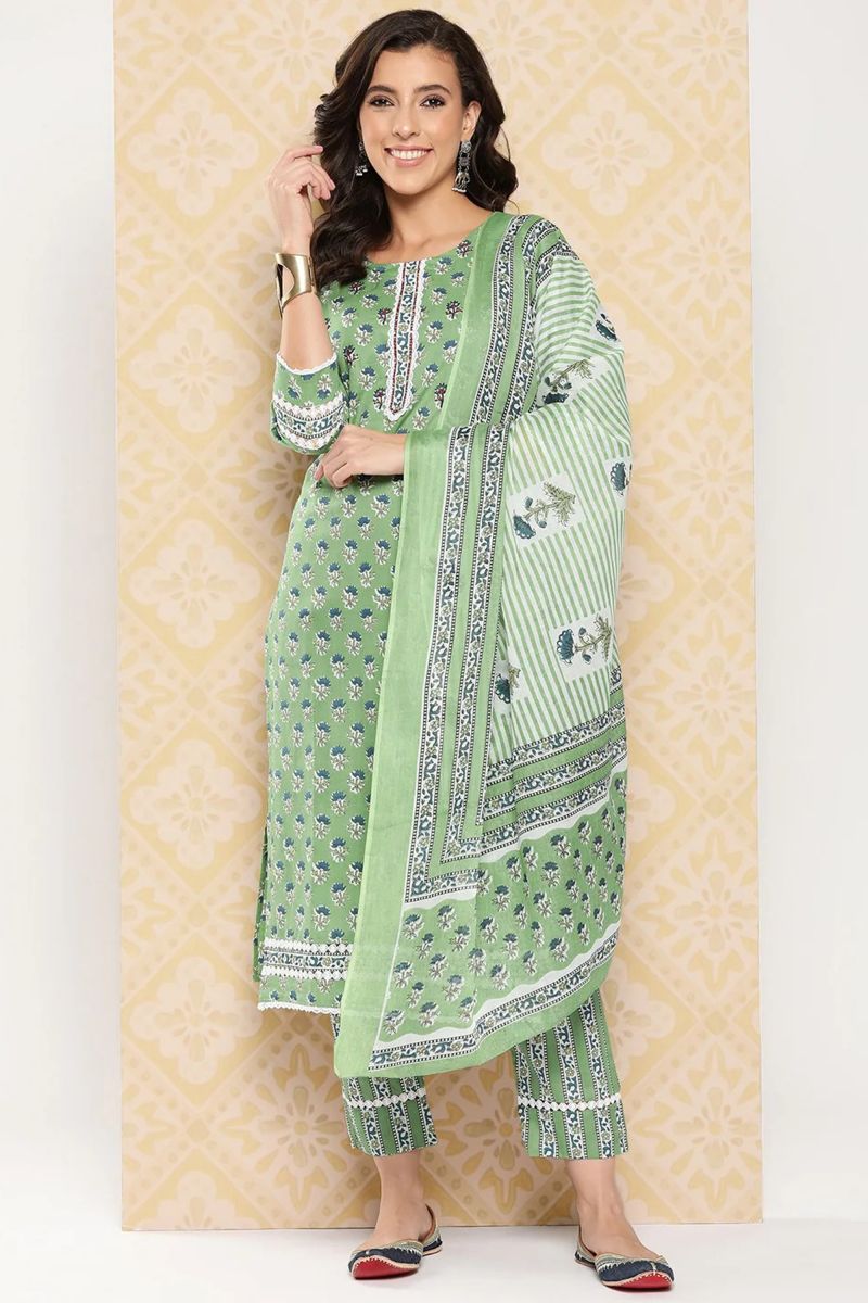 Sea Green Color Cotton Daily Wear Floral Print Readymade Top With Bottom Dupatta Set