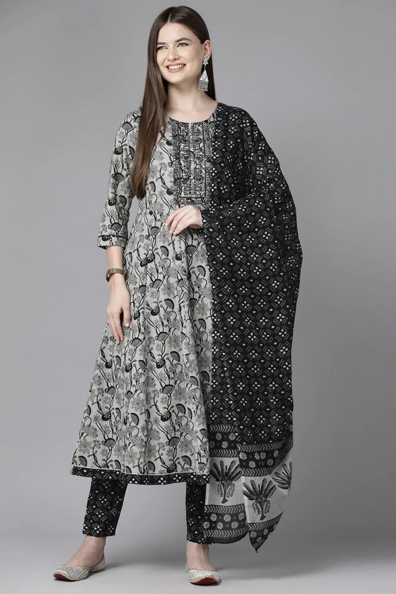 Grey Color Cotton Function Wear Floral Print Readymade Top With Bottom Dupatta Set