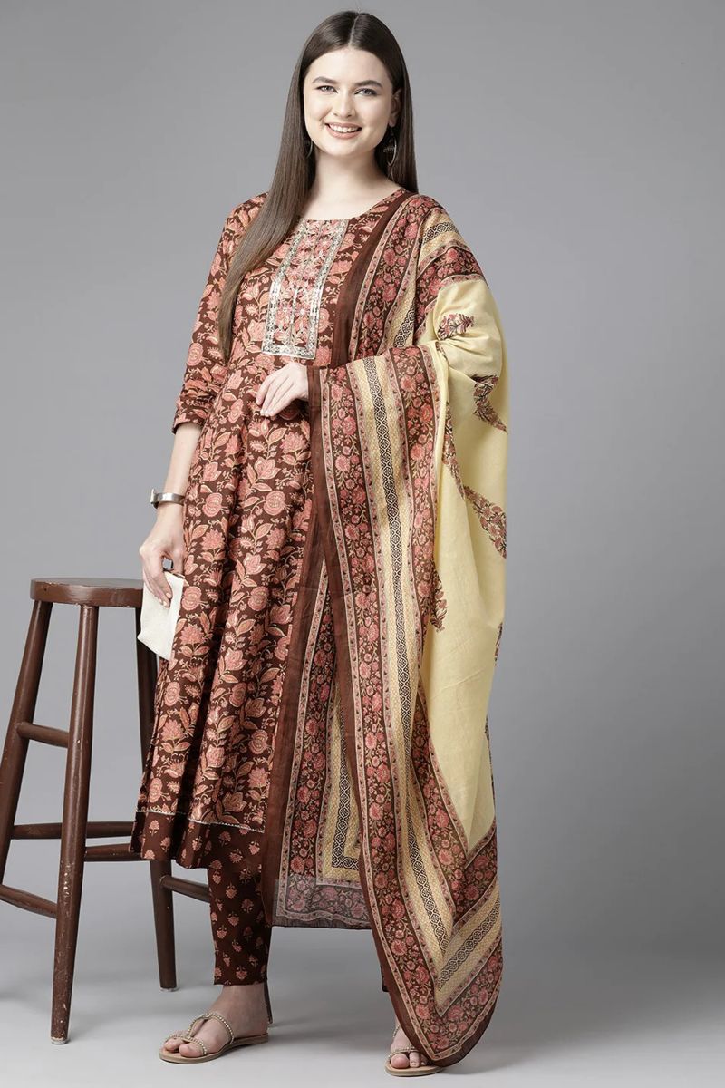 Brown Color Cotton Festive Wear Floral Print Readymade Top With Bottom Dupatta Set