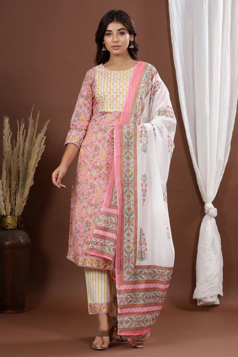 Pink Color Cotton Casual Printed Readymade Top With Bottom Dupatta Set