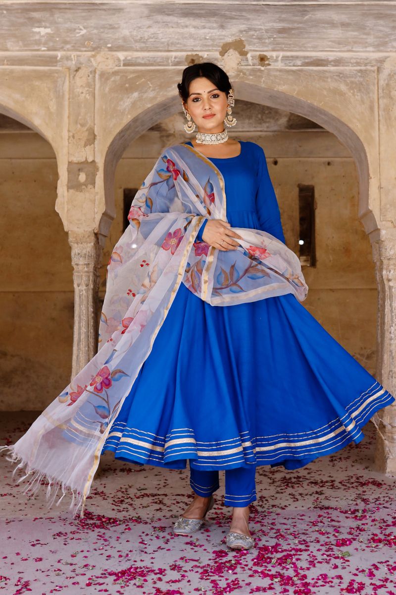 Blue Color Rayon Hand Printed Readymade Top With Bottom Dupatta Set