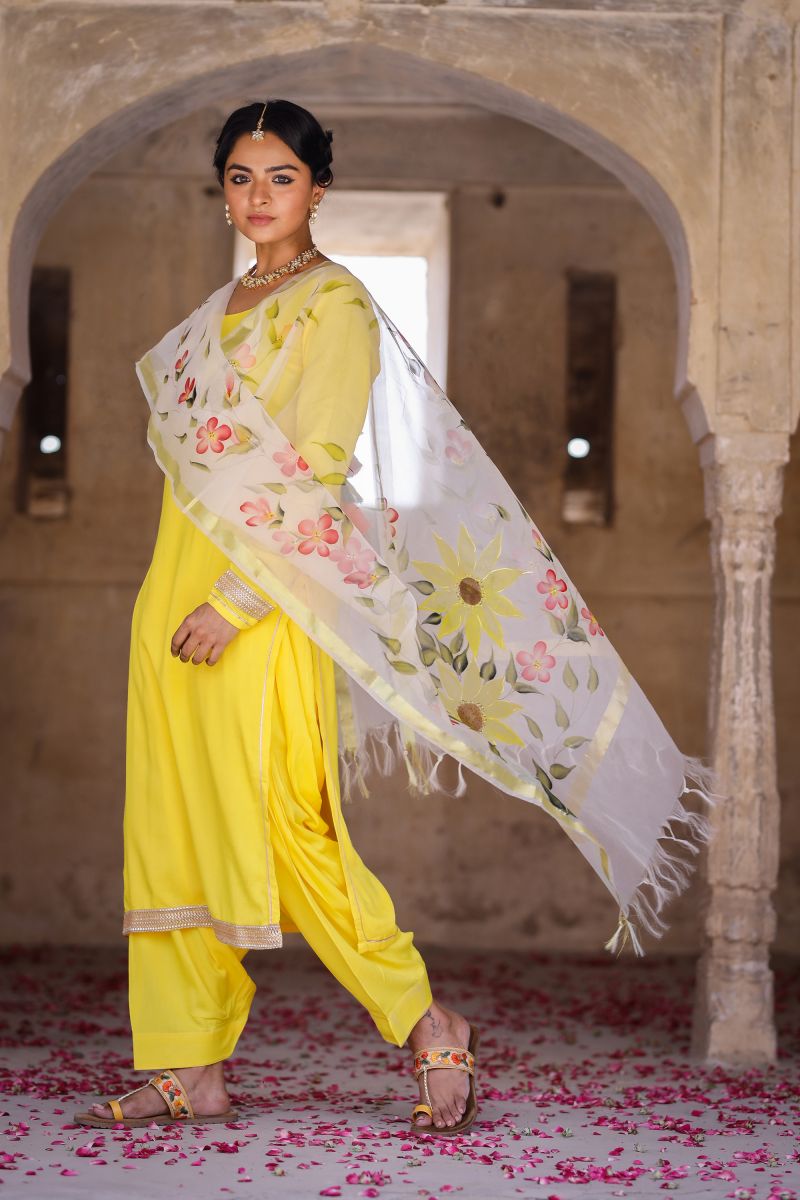 Yellow Color Rayon Hand Printed Readymade Top With Bottom Dupatta Set