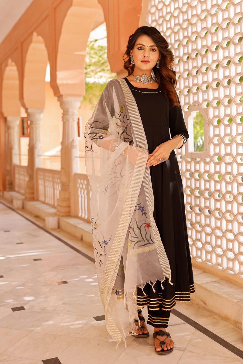 Black Color Rayon Hand Printed Readymade Top With Bottom Dupatta Set