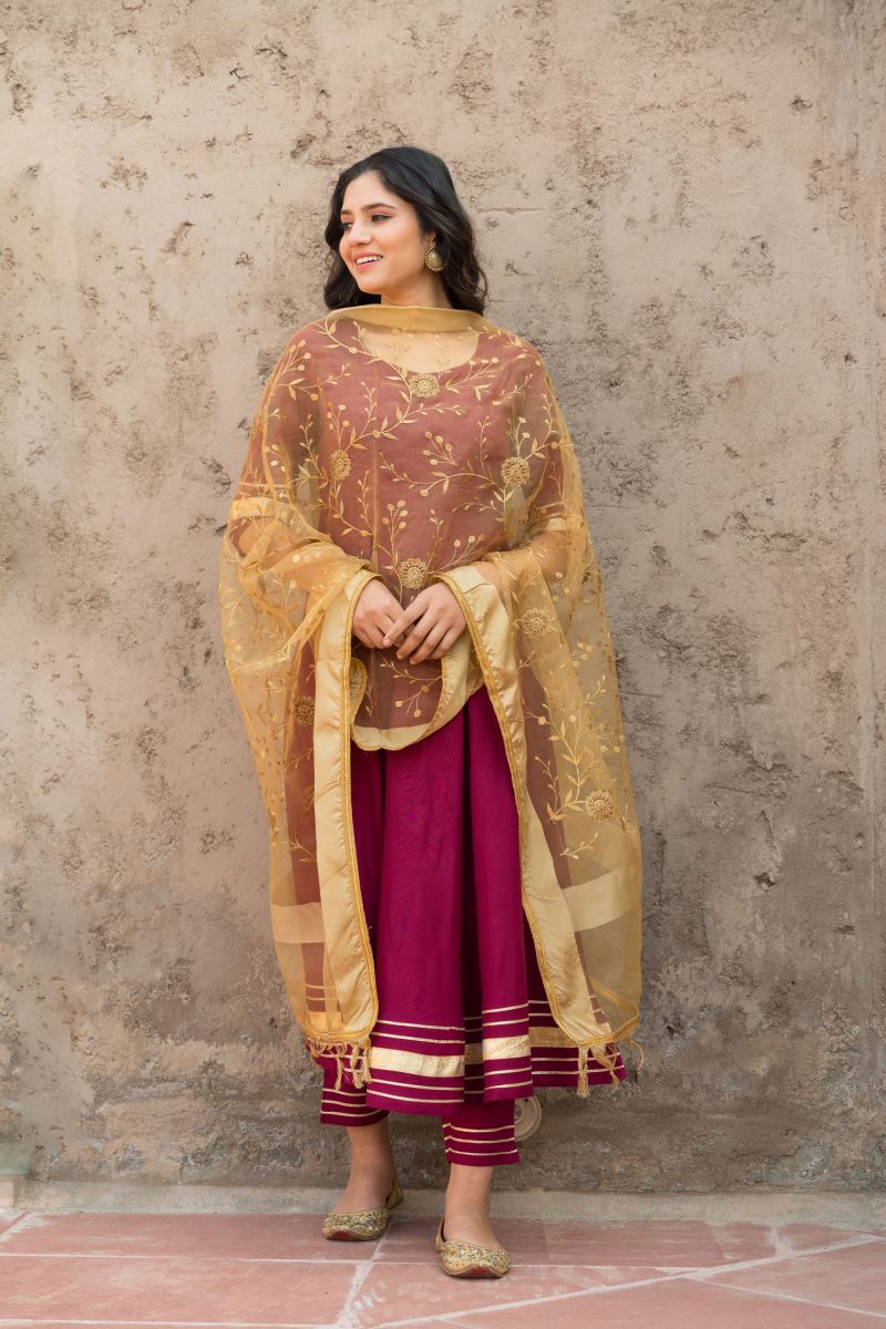 Magenta Color Rayon Fancy Self Work Readymade Top With Bottom Dupatta Set