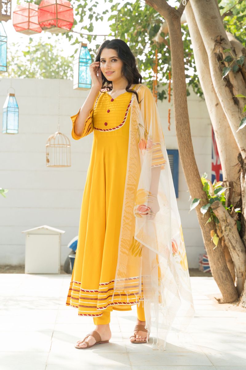 Yellow Color Rayon Gota Pati Work Readymade Top With Bottom Dupatta Set