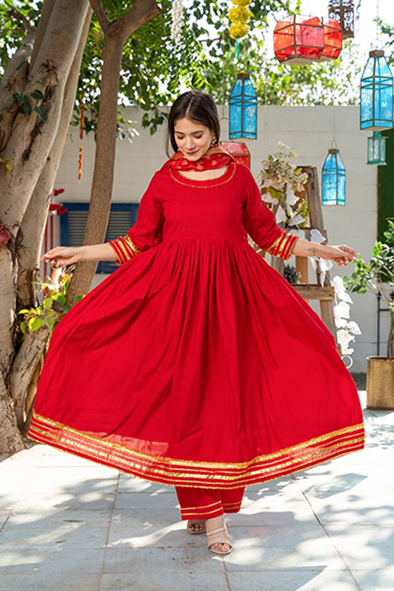 Red Color Cotton Gota Pati Work Readymade Top With Bottom Dupatta Set