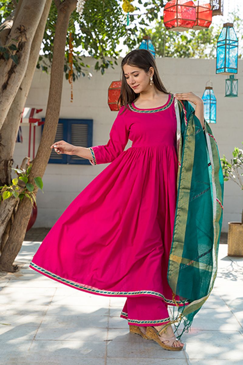 Pink Color Cotton Gota Pati Work Readymade Top With Bottom Dupatta Set