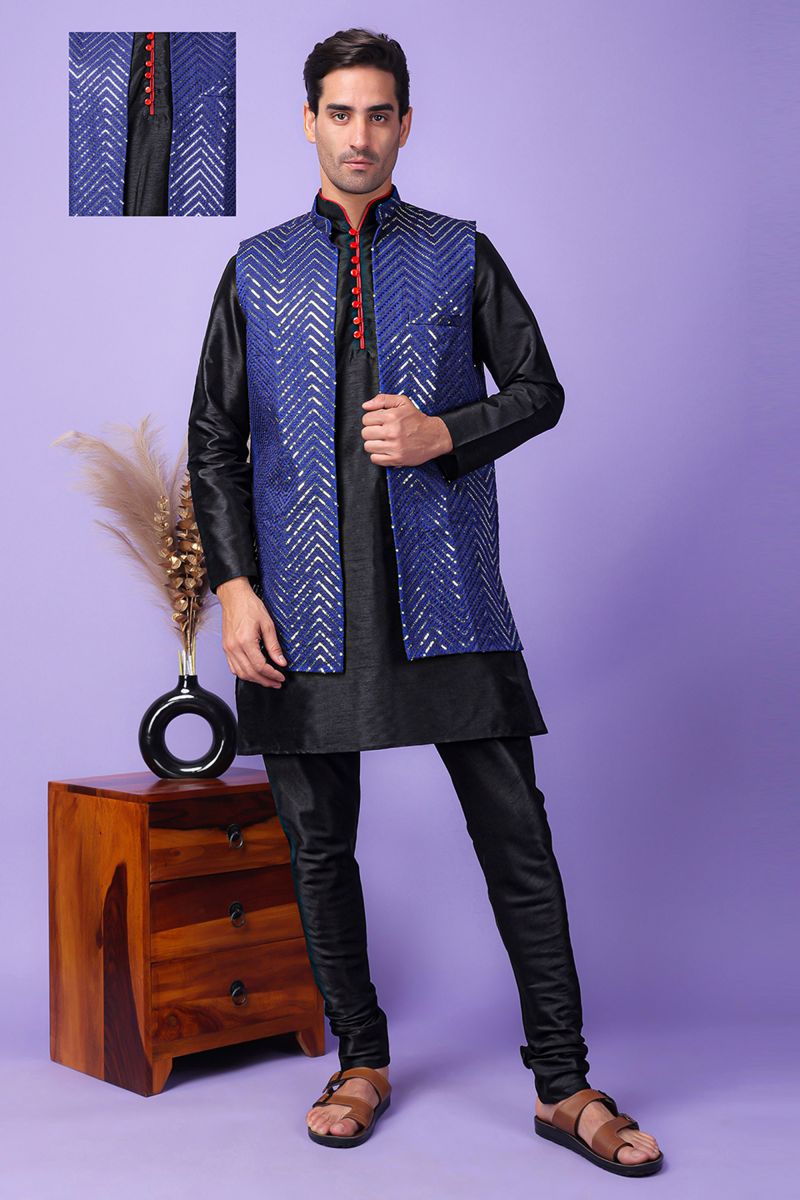 Art Silk Stunning Black Function Wear Readymade Men Kurta Pyjama With Embroidered Jacket