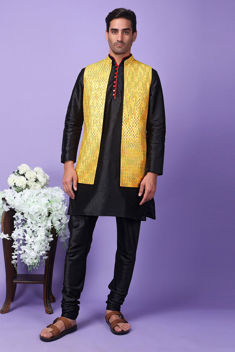 Art Silk Black Festive Wear Readymade Stunning Kurta Pyjama For Men With 3 Pcs Embroidered Jacket Set