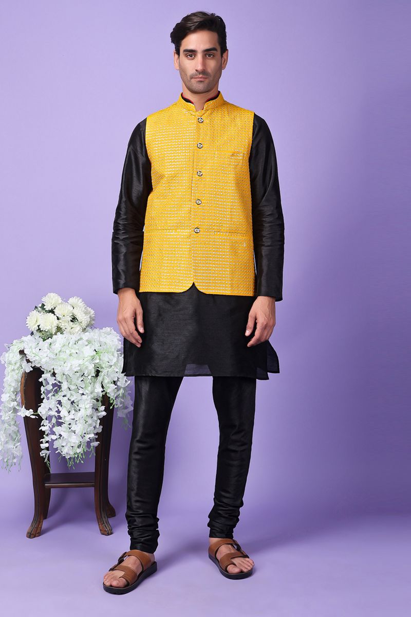 Art Silk Black Festive Wear Readymade Lovely Kurta Pyjama For Men With Embroidered Jacket