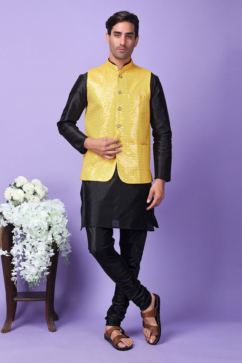 Art Silk Black Ethnic Readymade Men Kurta Pyjama With Embroidered Jacket