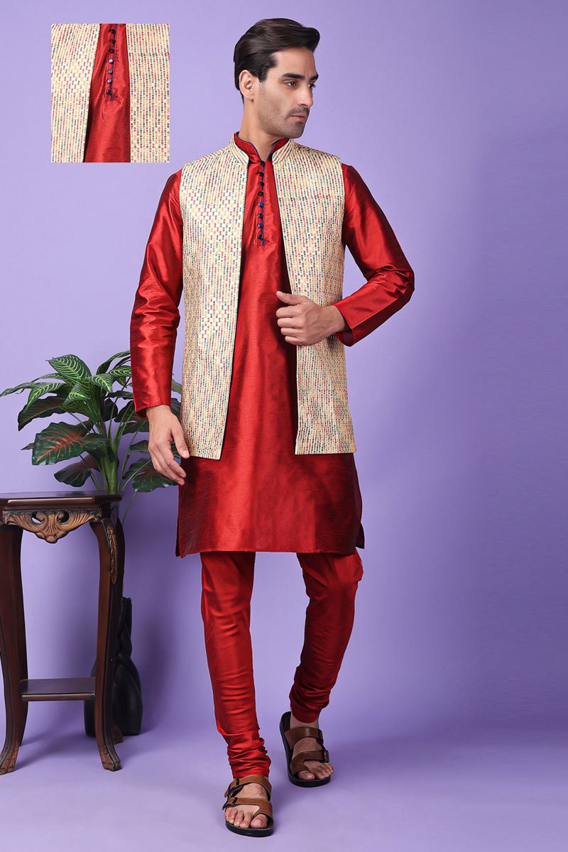 Red Art Silk Designer Long Readymade Men Kurta Pyjama With Embroidered Jacket