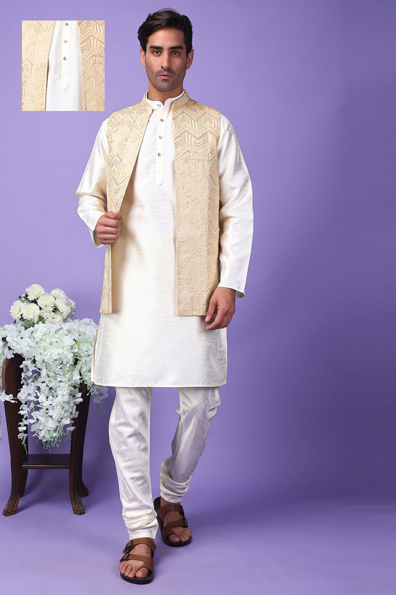 Reception Wear Readymade Beige Art Silk Beautiful Kurta Pyjama For Men With 3 Pcs Embroidered Jacket Set