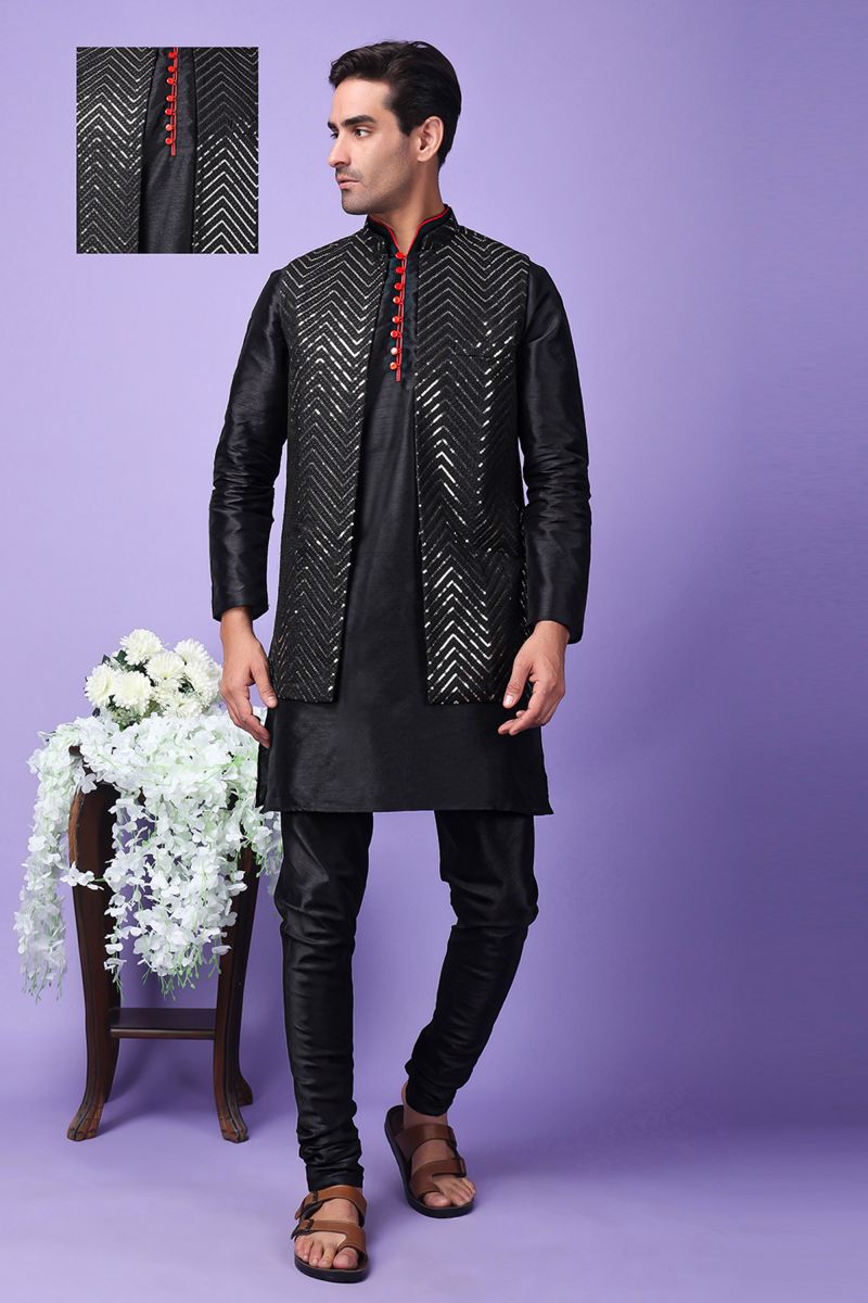 Black Art Silk Readymade Men Kurta Pyjama With Embroidered Jacket Set