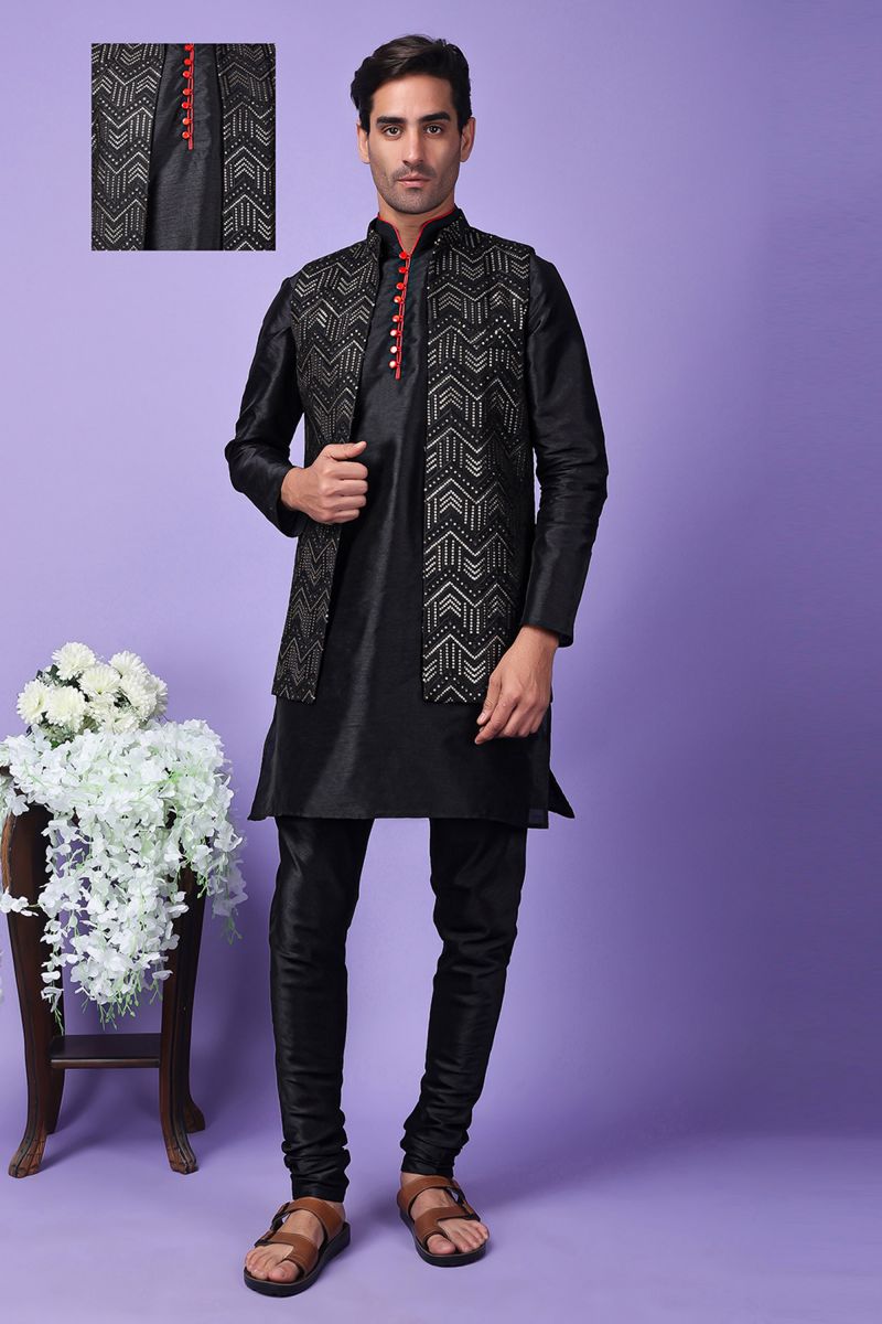 Black Art Silk Function Wear Readymade Kurta Pyjama For Men With 3 Pcs Embroidered Jacket Set