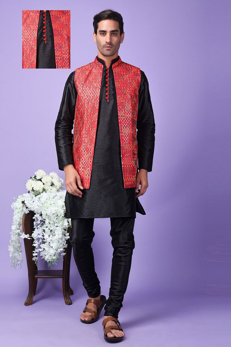 Black Art Silk Function Wear Readymade Kurta Pyjama For Men With Modi Jacket Set