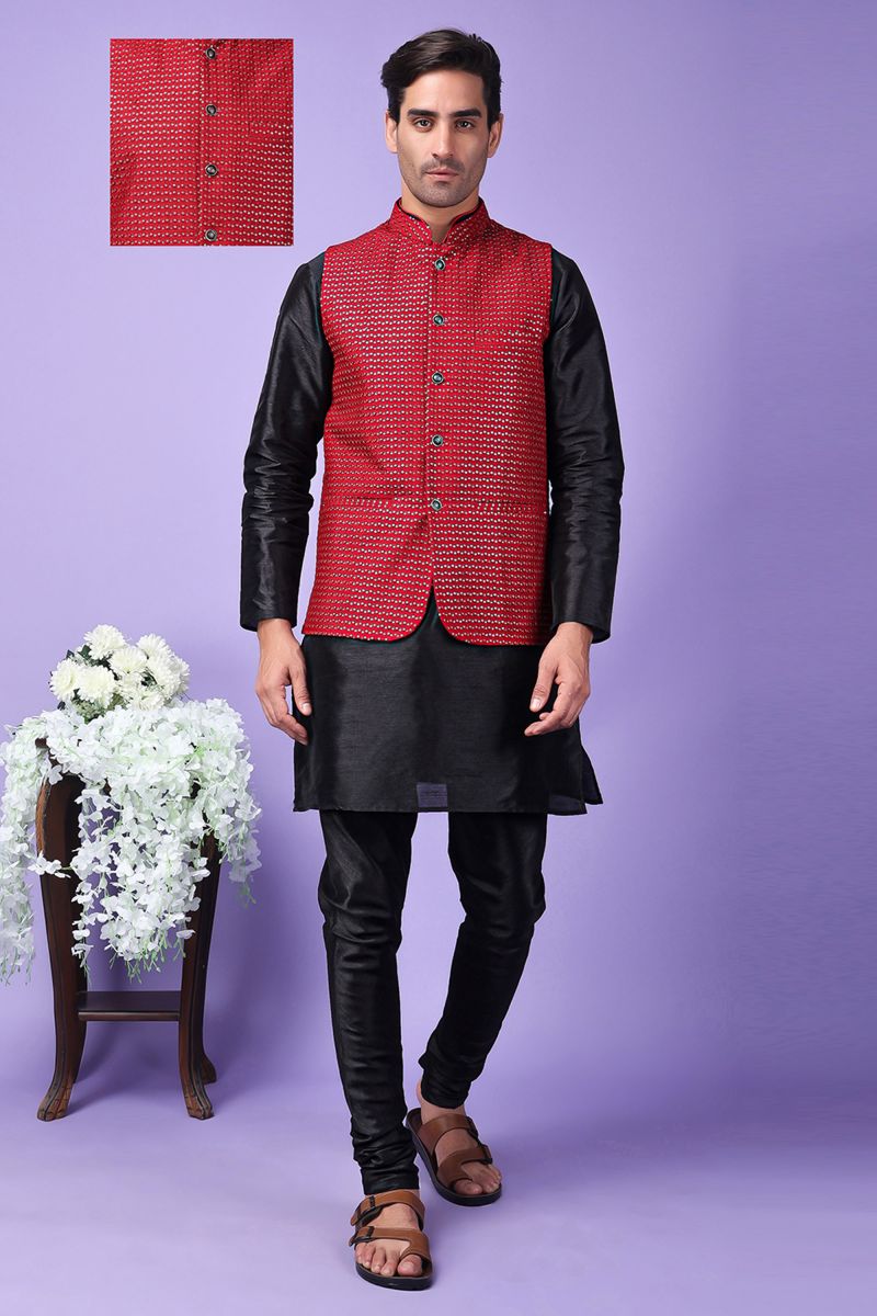 Art Silk Wedding Wear Readymade Pretty Black Kurta Pyjama For Men With 3 Pcs Embroidered Jacket Set