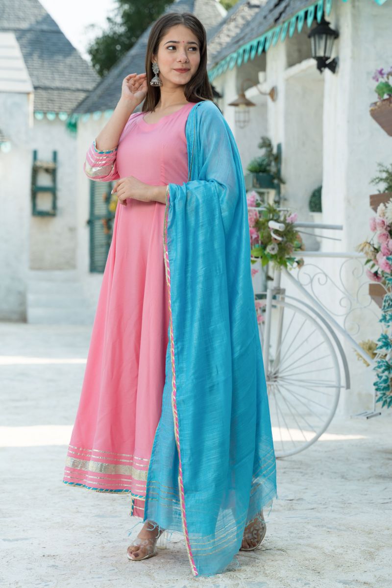 Rayon Pink Color Pleasance Readymade Suit With Fancy Work