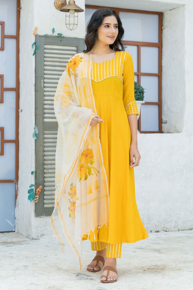 Rayon Yellow Color Riveting Readymade Suit With Fancy Work