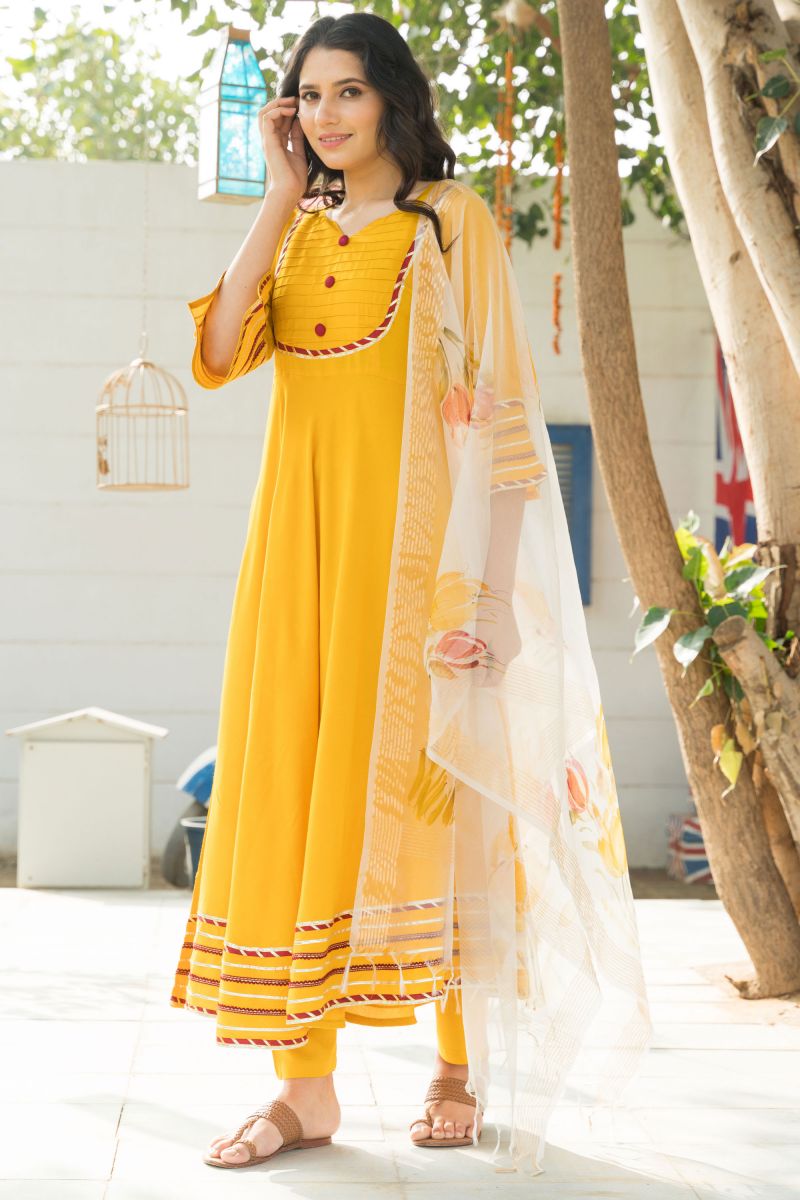 Rayon Mustard Color Excellent Readymade Suit With Fancy Work