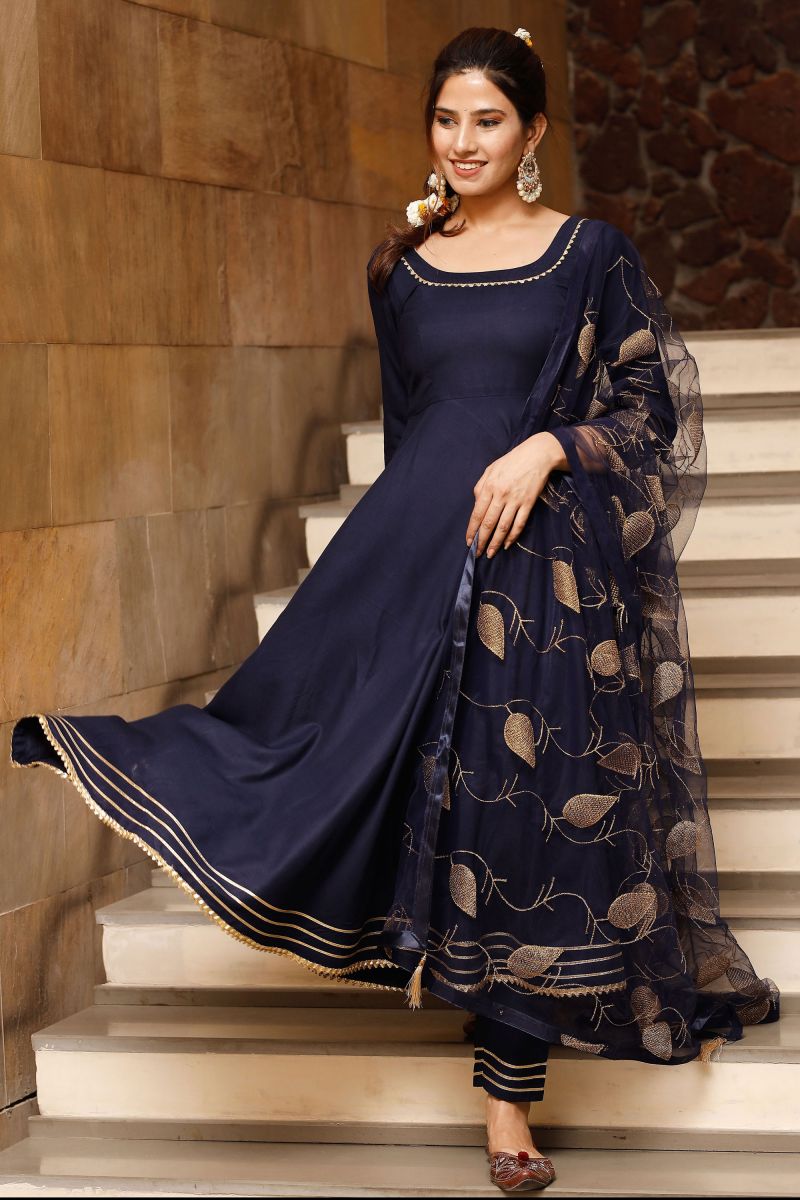 Rayon Navy Blue Color Patterned Readymade Suit With Fancy Work